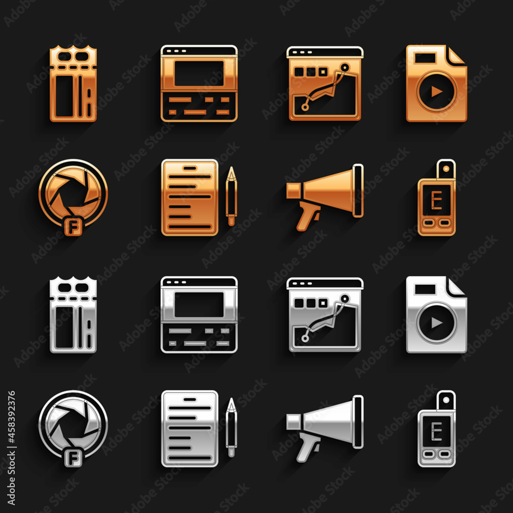 Set Scenario, AVI file document, Light meter, Megaphone, Camera shutter, Histogram graph photography