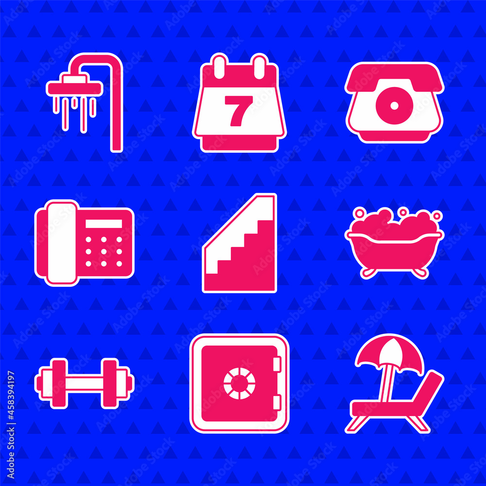 Set Stairs, Safe, Sunbed with umbrella, Bathtub, Dumbbell, Telephone handset, and Shower icon. Vecto