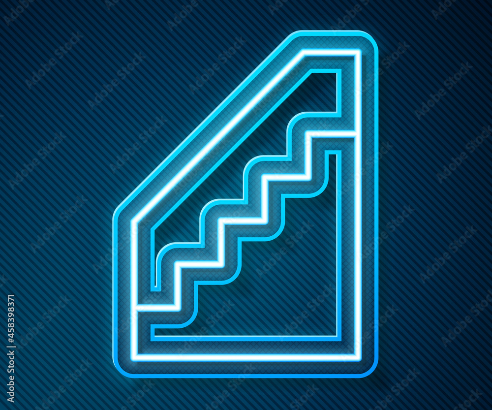 Glowing neon line Stairs up icon isolated on blue background. Vector