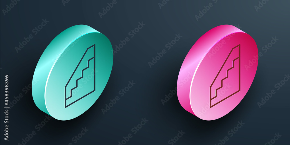 Isometric line Stairs up icon isolated on black background. Turquoise and pink circle button. Vector