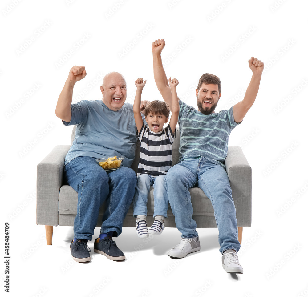 Man, his little son and father watching TV on white background