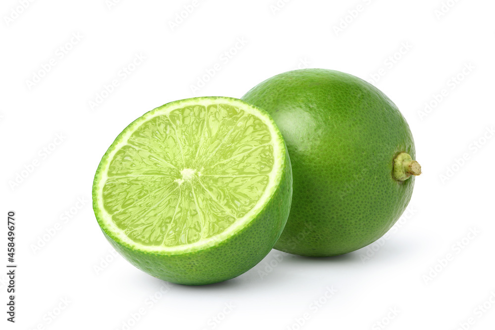 Fresh lime with  cut in half isolated on white background.