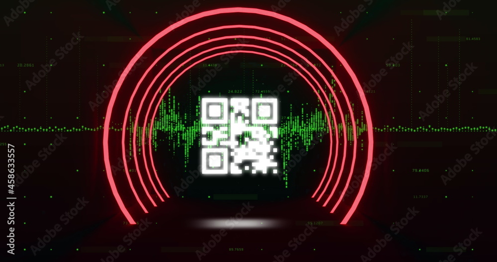 QR code scanner with neon elements against green light trails