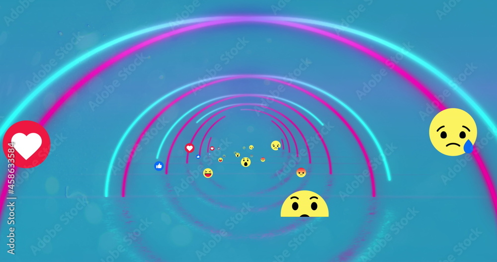 Multiple face emojis moving against glowing tunnel on blue background