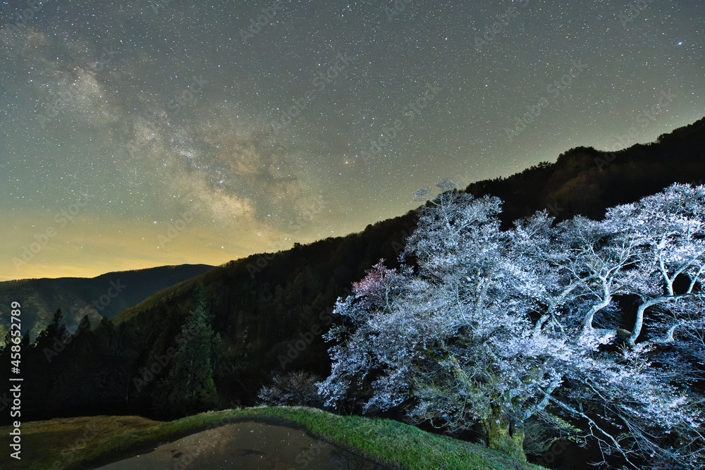 長野県阿智村にある駒つなぎの桜と天の川