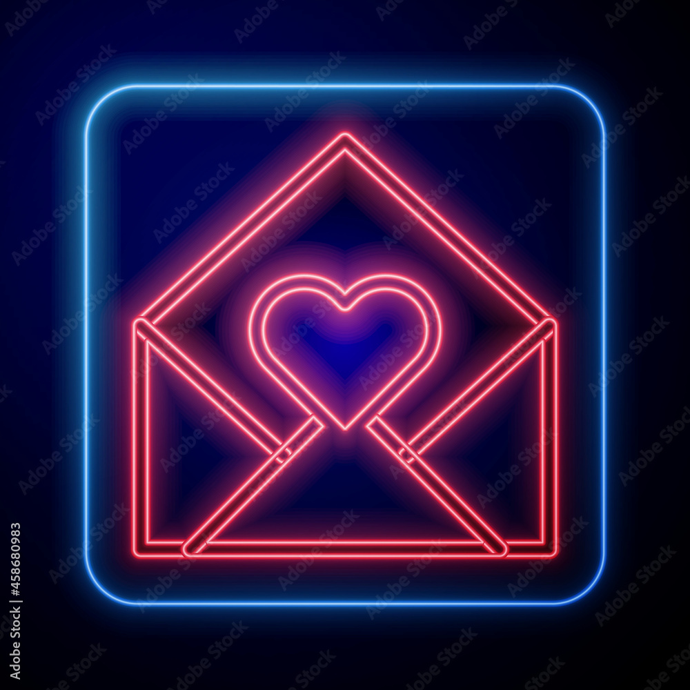 Glowing neon Envelope with Valentine heart icon isolated on black background. Message love. Letter l