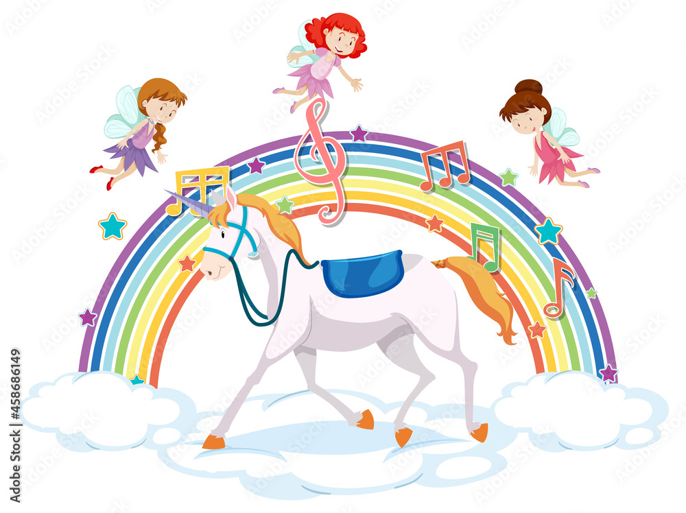 Unicorn and many fairies on the cloud with rainbow