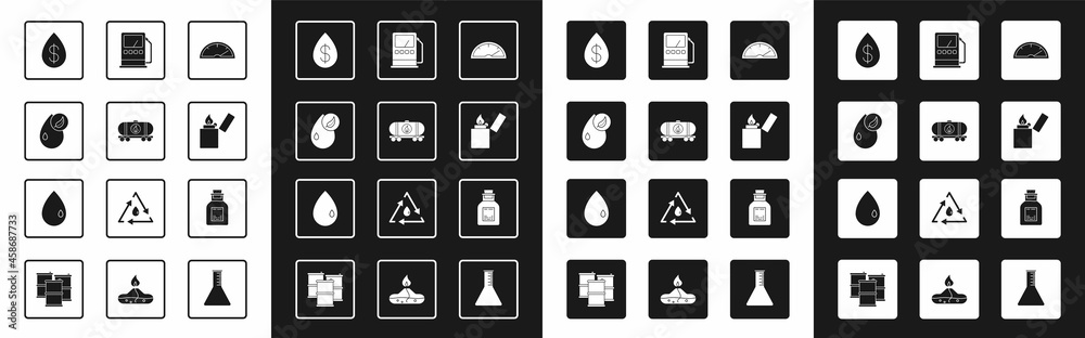 Set Speedometer, Oil railway cistern, Bio fuel, drop with dollar, Lighter, Petrol or gas station, pe
