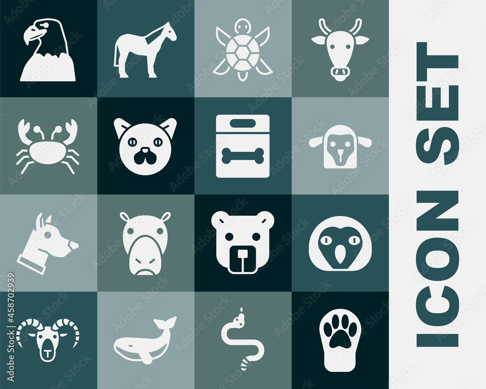 Set Paw print，Owl bird，Sheep head，Turtle，Cat，Crab，Eagle and Dog bone icon矢量