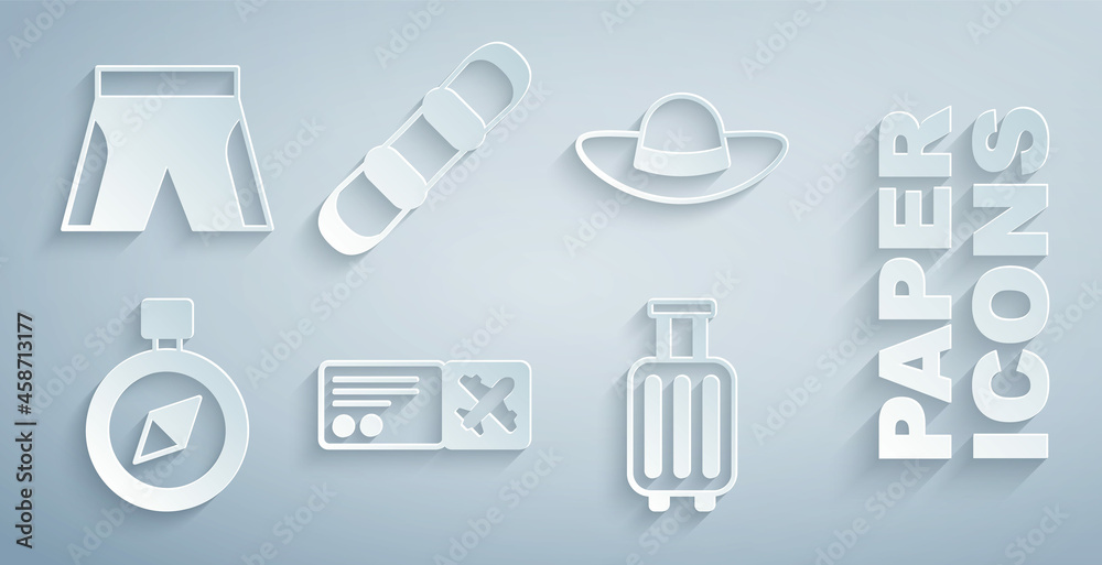 Set Airline ticket, Elegant women hat, Compass, Suitcase, Snowboard and Short or pants icon. Vector