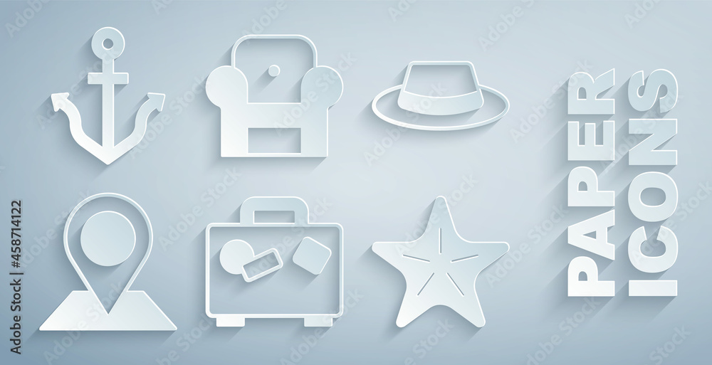 Set Suitcase, Man hat with ribbon, Location, Starfish, Armchair and Anchor icon. Vector