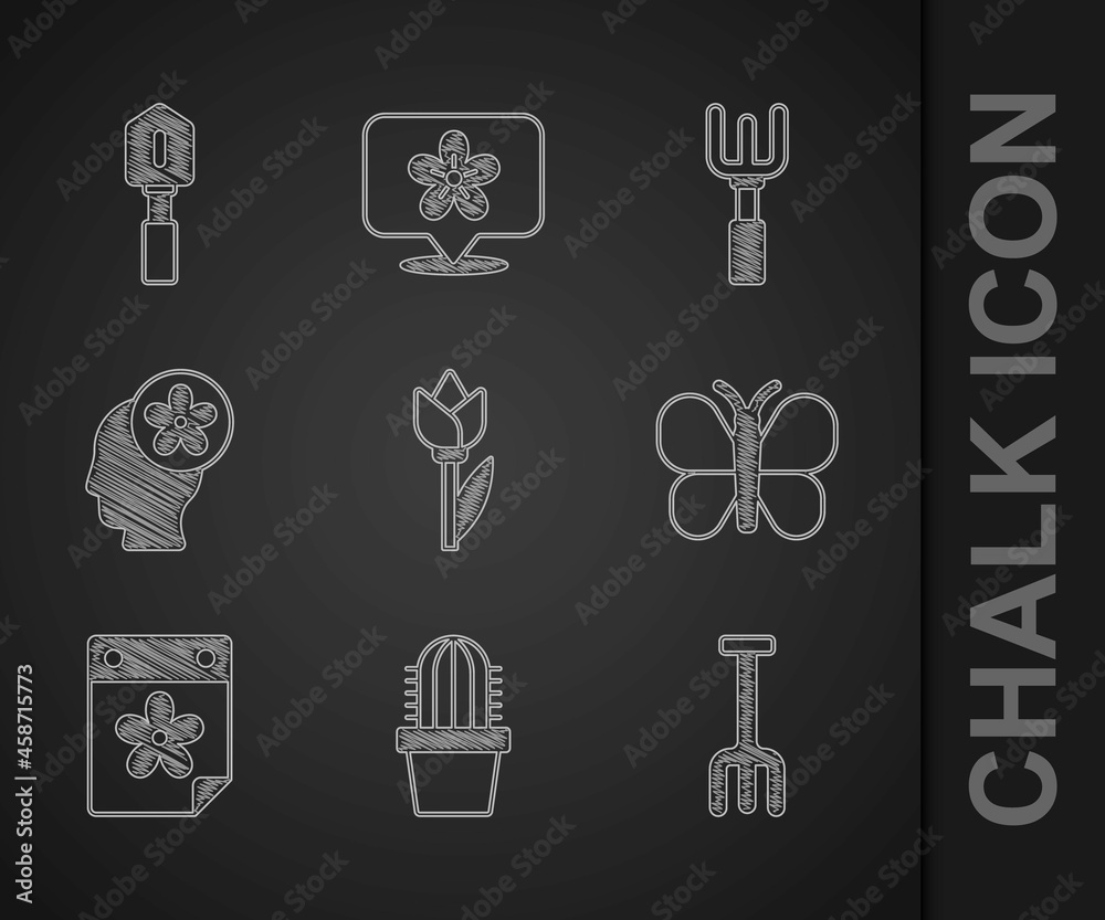 Set Flower tulip, Cactus peyote in pot, Garden rake, Butterfly, Calendar with flower, Human head ins