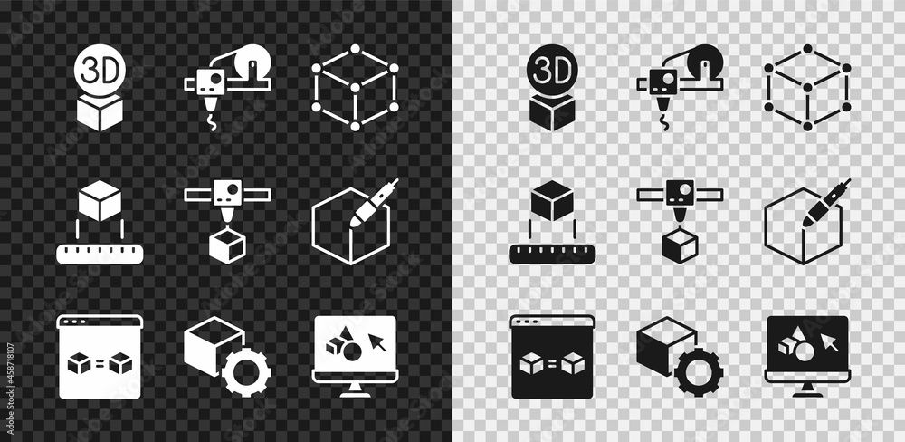 设置等轴测立方体、3D打印机、完美副本、软件和图标。矢量