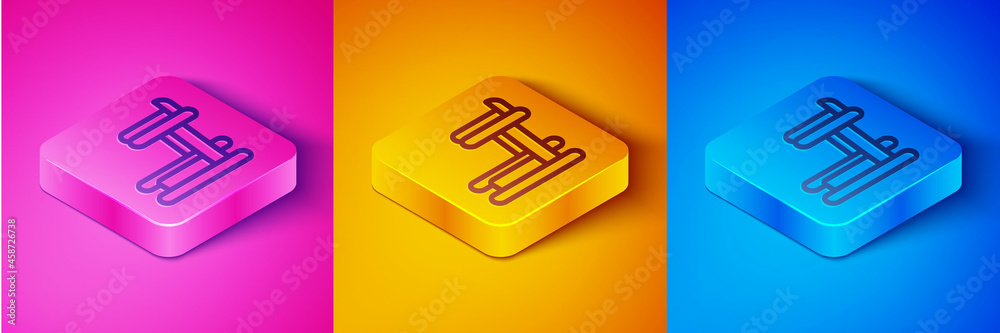 Isometric line Treadmill machine icon isolated on pink and orange, blue background. Square button. V