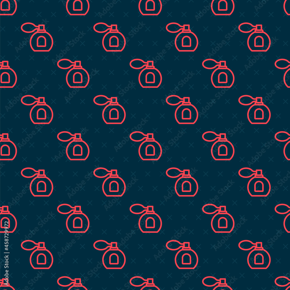 Red line Perfume icon isolated seamless pattern on black background. Vector