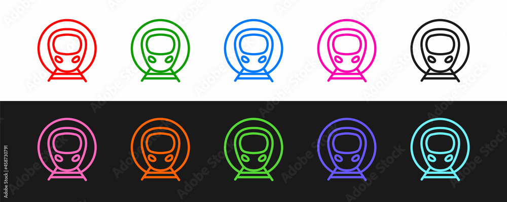 Set line Train and railway icon isolated on black and white background. Public transportation symbol