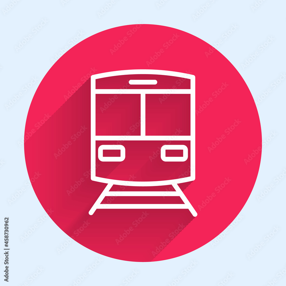 White line Train and railway icon isolated with long shadow background. Public transportation symbol