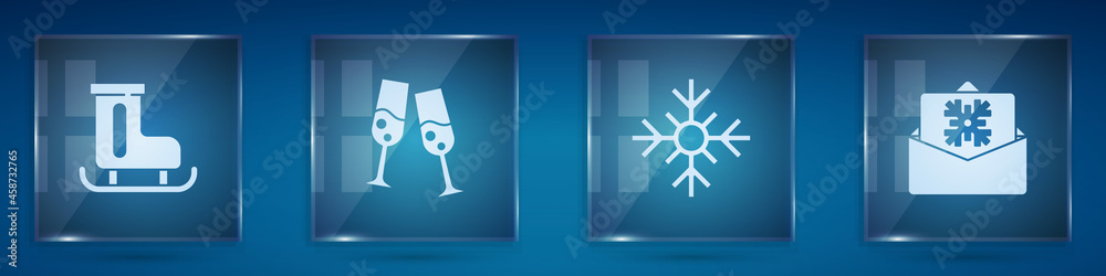 Set Figure skates, Glass of champagne, Snowflake and Christmas postcard. Square glass panels. Vector