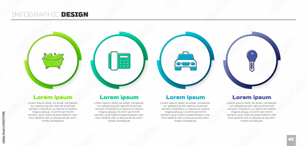 设置浴缸、电话听筒、出租车和酒店门锁钥匙。商业信息图模板。Vec
