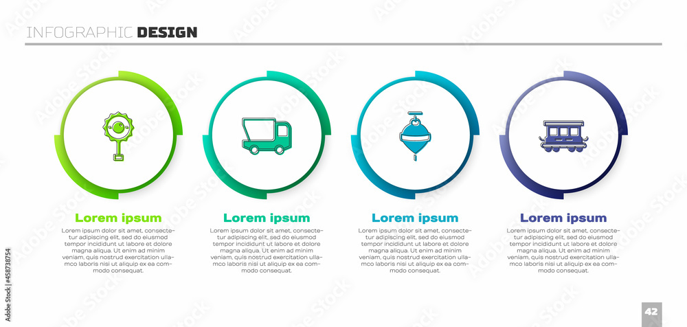 Set Rattle baby toy，toy truck，Whirtigig and Passenger train cars.Business infographic template.V（设置R