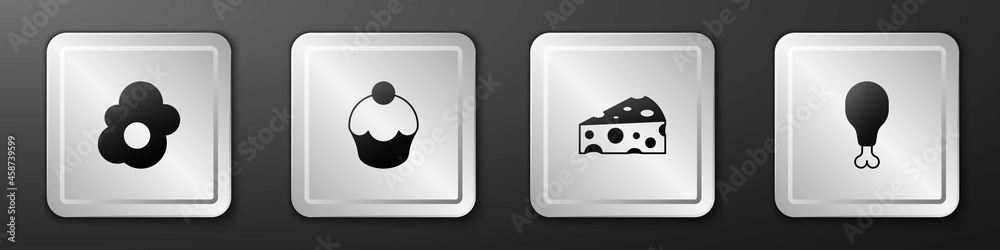 Set Scrambled egg, Muffin, Cheese and Chicken leg icon. Silver square button. Vector