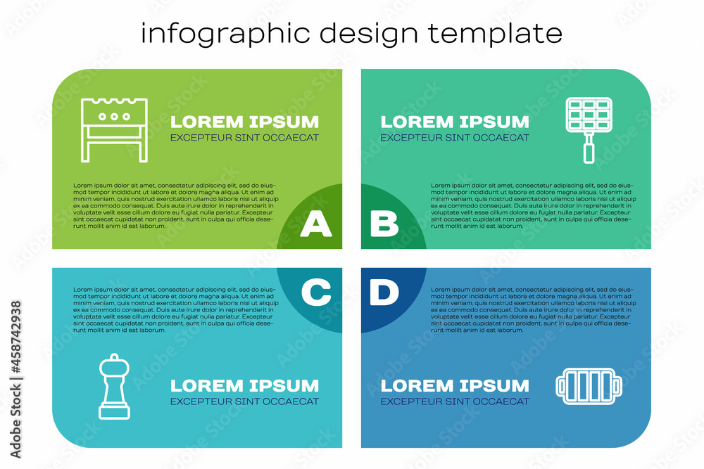 设置线辣椒，烧烤火盆，烧烤架和钢格栅。商业信息图模板。矢量