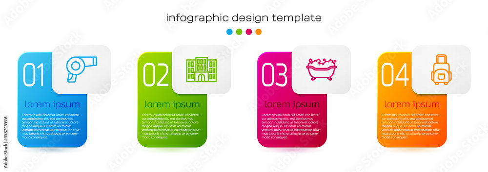 成套吹风机、酒店建筑、浴缸和手提箱。商业信息图模板。矢量