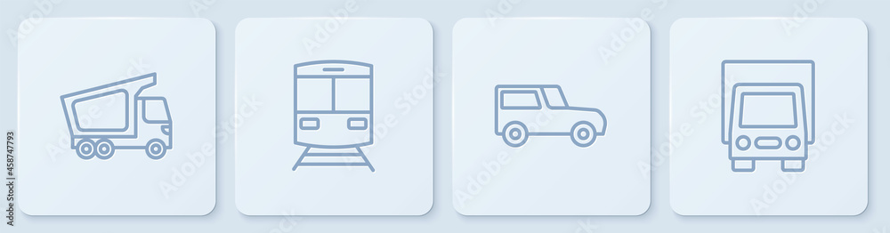 设置货运卡车、汽车、火车和铁路的线路。白色方形按钮。矢量