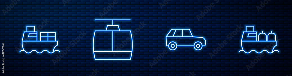 Set line Car, Cargo ship with boxes delivery, Cable car and Oil tanker. Glowing neon icon on brick w