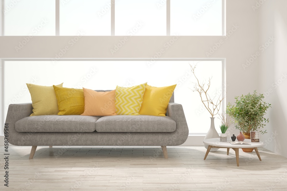 Autumn interior concept in white color with sofa. Scandinavian interior design. 3D illustration