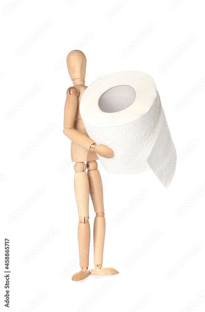 Wooden mannequin with toilet paper on white background