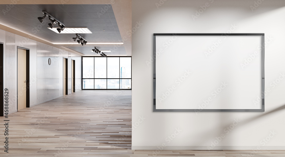 Black horizonal frame Mockup hanging on wall. Mock up of a billboard in modern wooden office interio