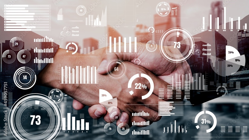 Conceptual business handshake with dashboard for financial data analysis . 3D render computer graphi