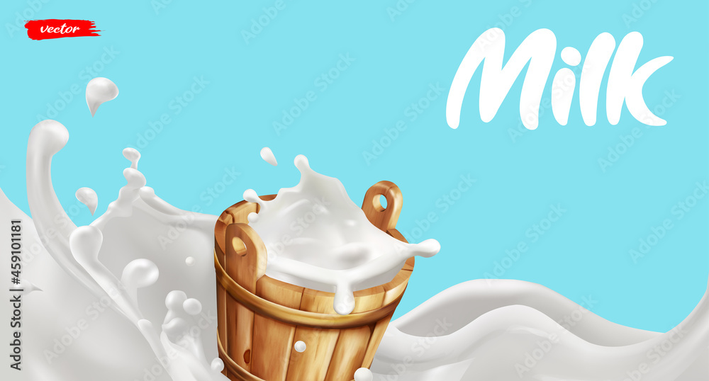 Wooden milk bucket with splash of milk. Natural dairy product. Concept for package of milk.