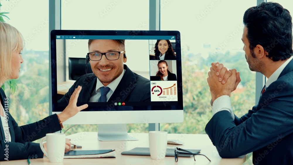 Video call group business people meeting on virtual workplace or remote office. Telework conference 