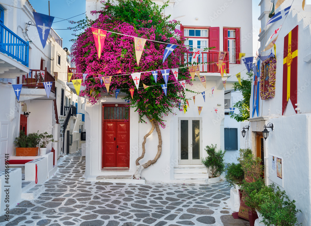 Mykonos, Greece. Narrow streets and traditional architecture.