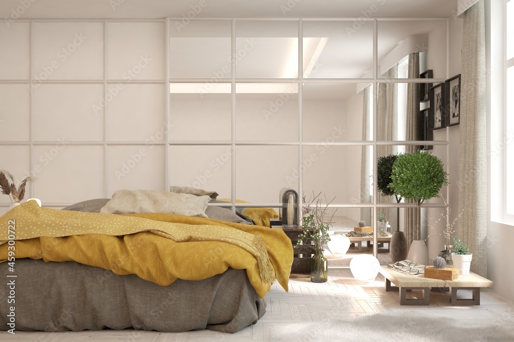 Autumn color bedroom interior. Scandinavian design. 3D illustration