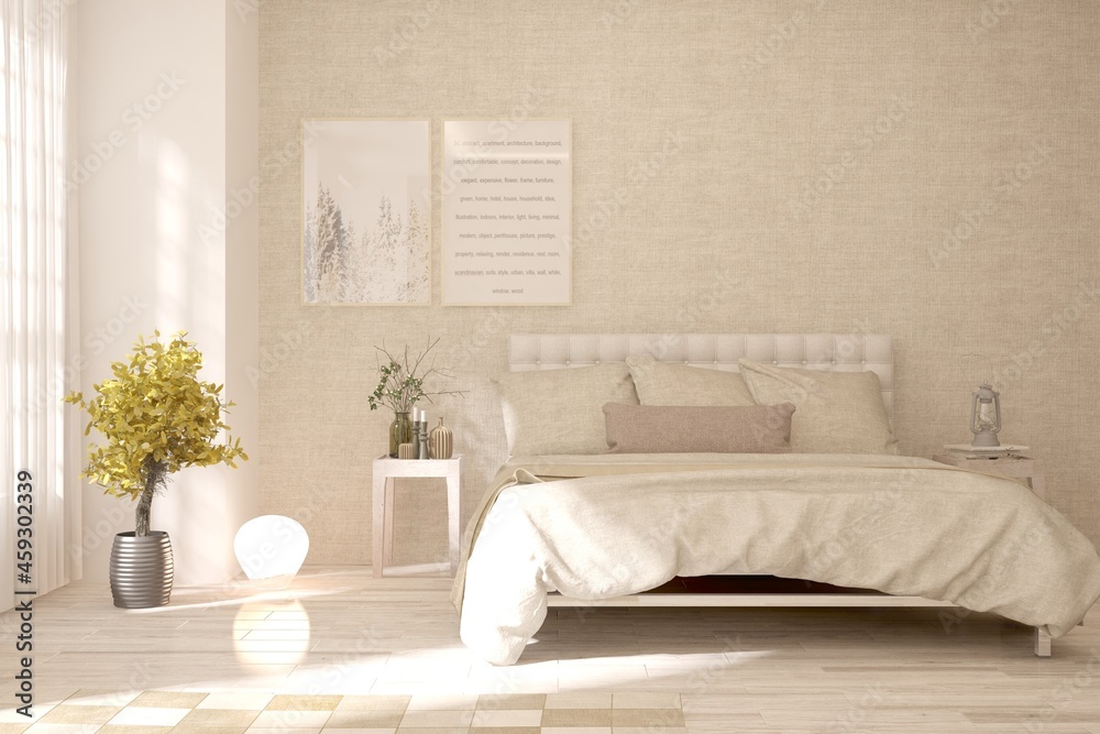 Soft color bedroom interior. Scandinavian design. 3D illustration