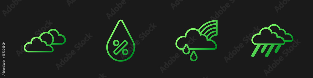 用云和雨、太阳天气、水滴百分比和云设置彩虹。渐变颜色i