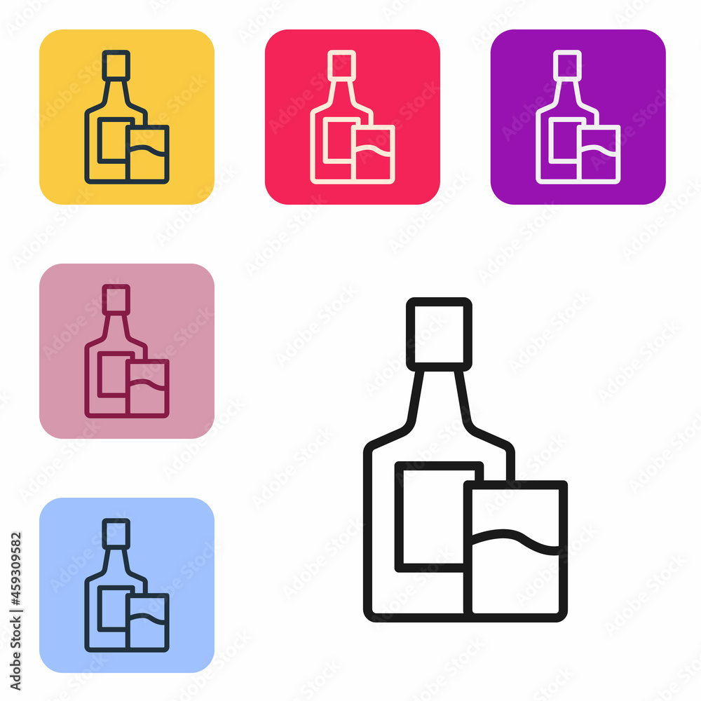 黑线威士忌瓶和玻璃图标隔离在白色背景上。将图标设置为彩色正方形，但