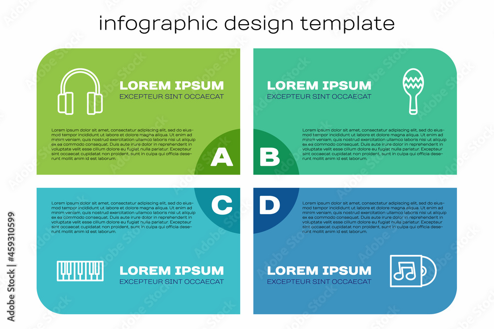 套装音乐合成器、耳机、乙烯基唱片和Maracas。商业信息图模板。Vecto