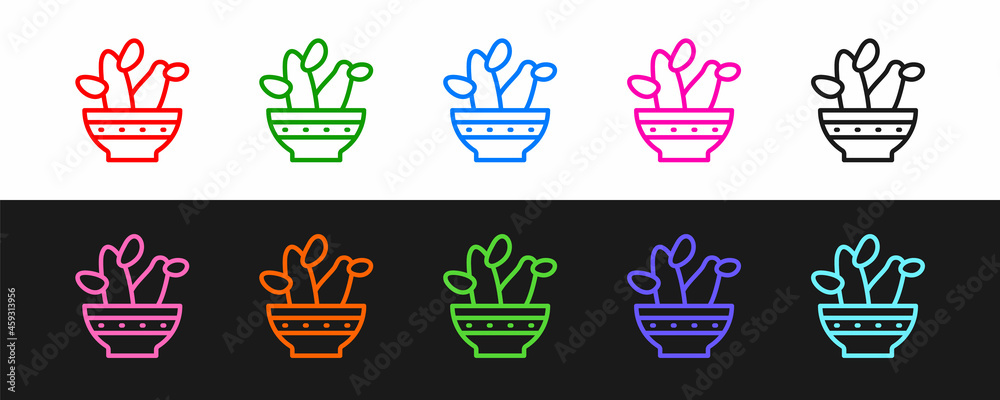 Set line Cactus peyote in pot icon isolated on black and white background. Plant growing in a pot. P