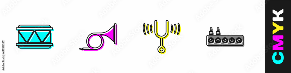设置鼓、小号、音乐音叉和混音器控制器图标。矢量