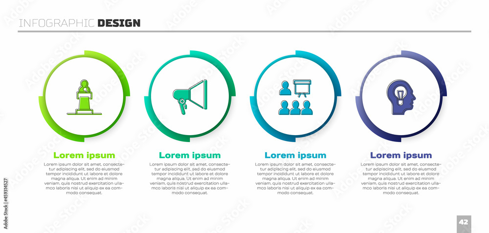 Set Speaker, Megaphone, Training, presentation and Human with lamp bulb. Business infographic templa