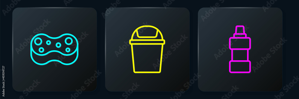 Set line Sponge, Bottle for cleaning agent and Trash can. Black square button. Vector