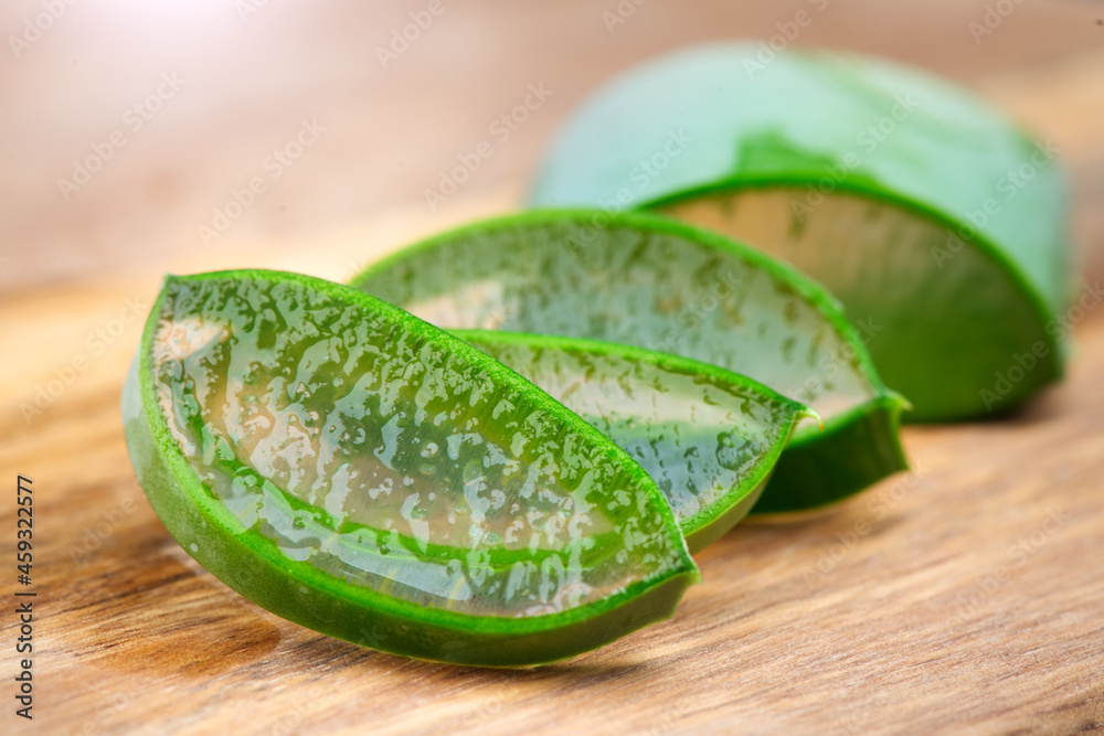 Aloe Vera closeup. Slices of Aloevera plant leaf, gel, natural organic renewal cosmetics, alternativ