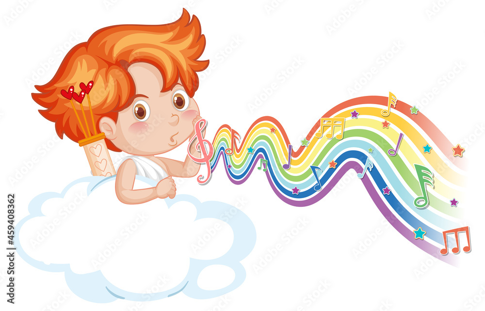 Cupid boy on the cloud with melody symbols on rainbow wave