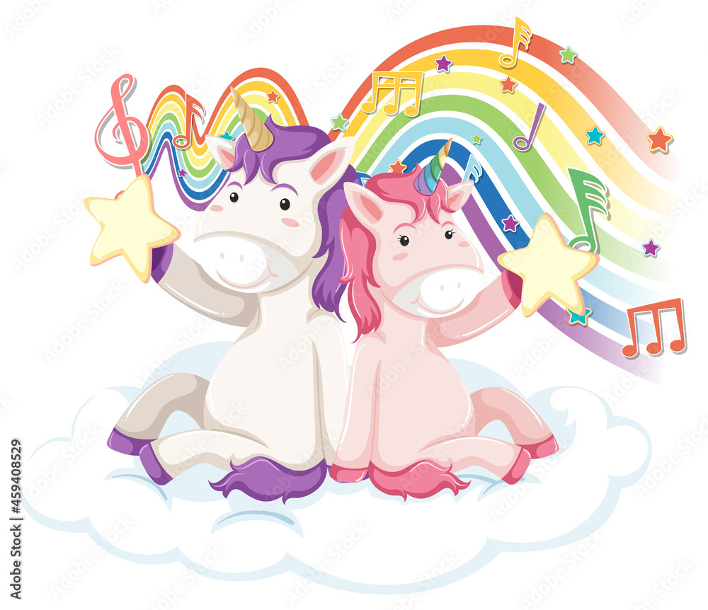 Two unicorns with melody symbols on rainbow