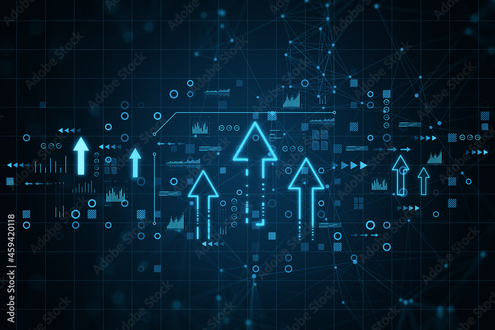 模糊背景上的抽象发光箭头。未来、商业和上行概念。3D渲染。