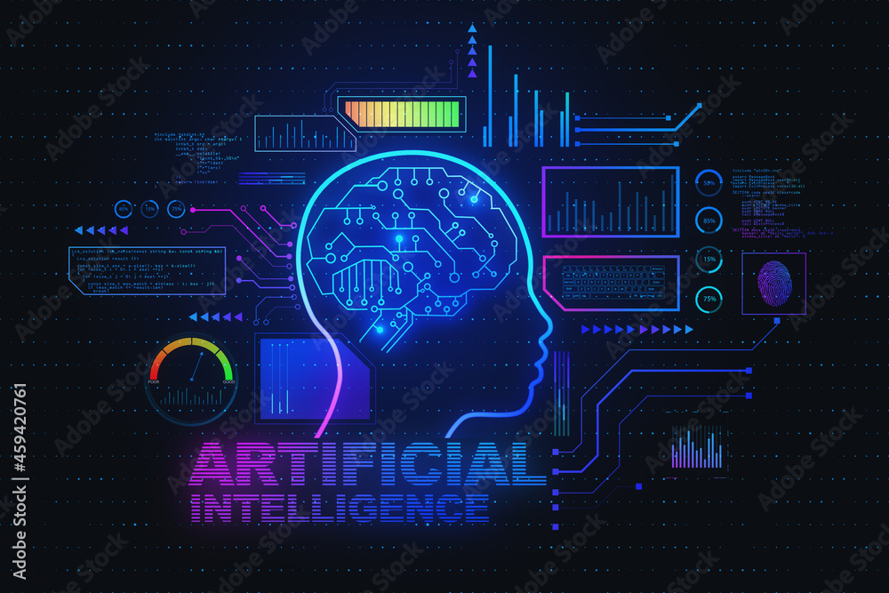 黑暗背景下抽象发光的人工智能头部界面。人工智能和网络空间概念